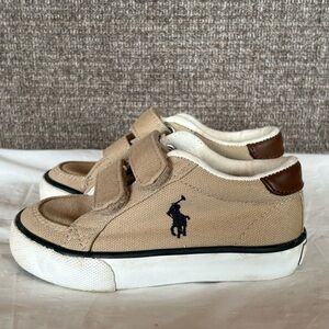Polo Ralph Lauren Kids Tan Canvas Sneakers Size 7 Hook & Loop Preppy School Pony